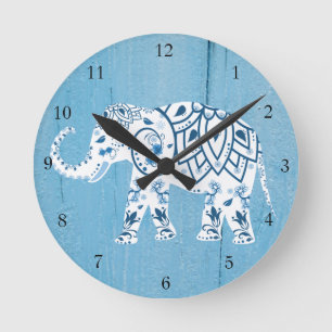 White Elephant Blue Wood Patroon Ronde Klok