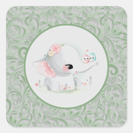 White Elephant Boy of Girl Green Cute Vierkante Sticker (Voorkant)