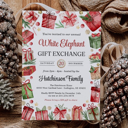 White Elephant Gift Exchange Party Invitation Kaart