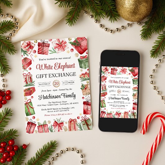 White Elephant Gift Exchange Party Invitation Kaart