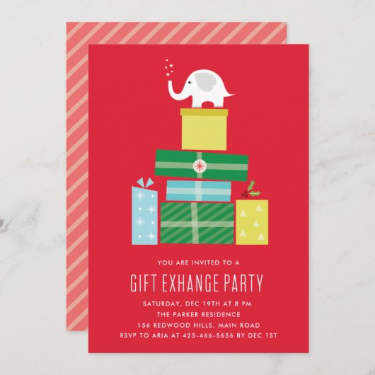 White elephant gift exchange Party Invite_Berry Kaart (Voorkant / Achterkant)