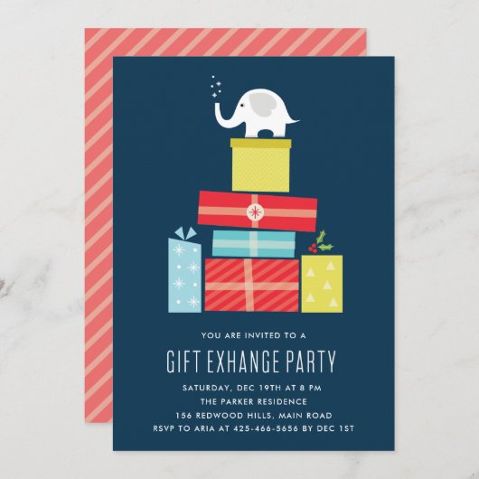 White elephant gift exchange Party Invite_Midnight Kaart (Voorkant / Achterkant)