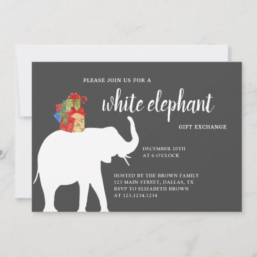 White Elephant Party Invitation, Gift Exchange Kaart (Voorkant)