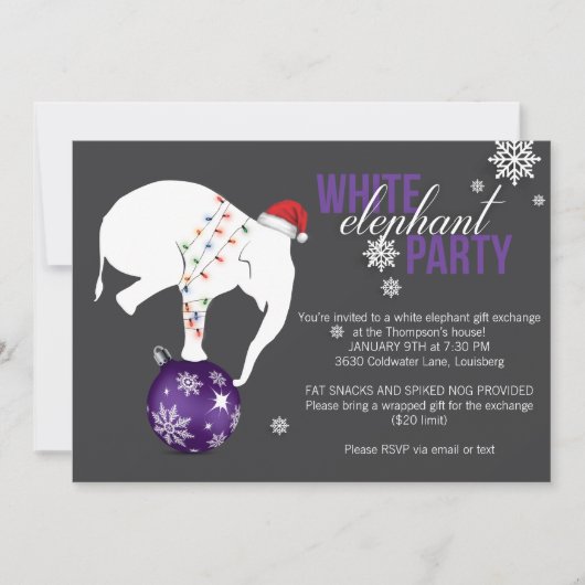 White Elephant Party Invitation | Paars/grijs Kaart (Voorkant)