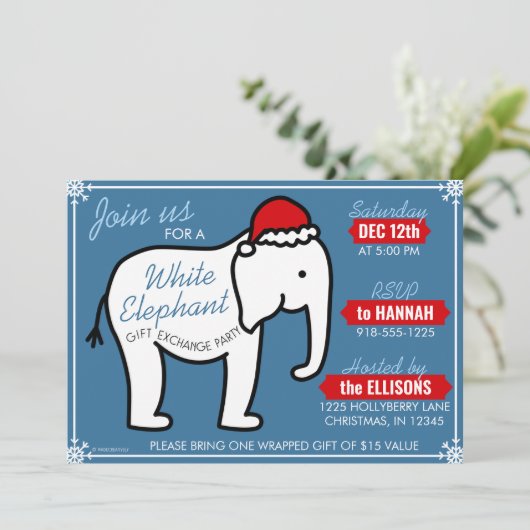 White Elephant Party Kerstmis (Blauw) Uitnodiging (Staand voorkant)