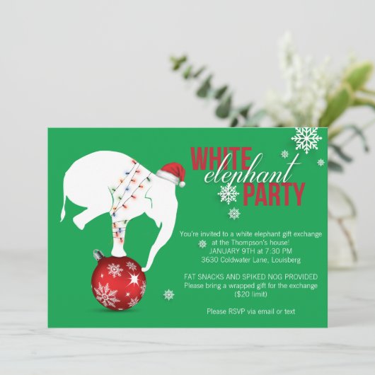 White Elephant Party Uitnodiging | Green (Staand voorkant)