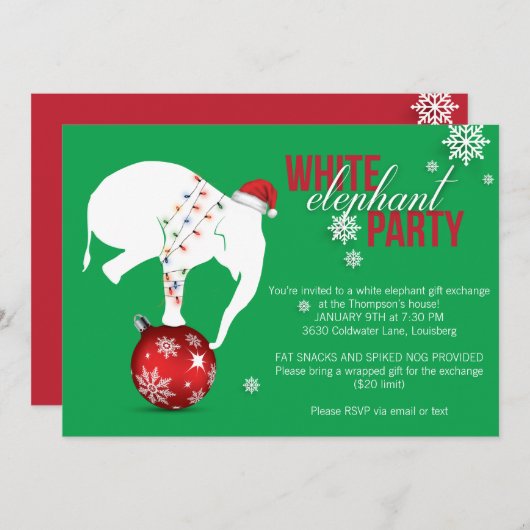 White Elephant Party Uitnodiging | Green (Voorkant / Achterkant)