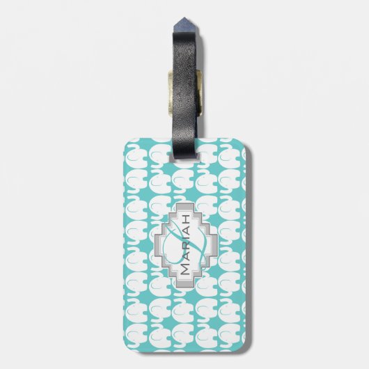 White Elephant Pattern Aqua Monogram Bagagelabel (Achterkant verticaal)