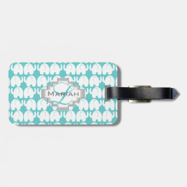 White Elephant Pattern Aqua Monogram Bagagelabel