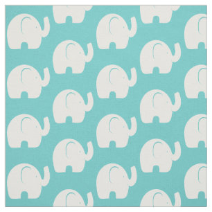 White Elephant Pattern Aqua Stof