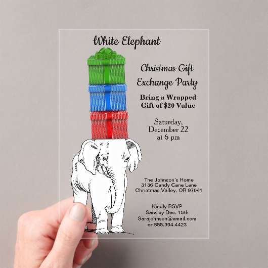 White Elephant Stacked Gift Exchange Party Acryl Uitnodigingen (Insitu (Draagbaar))