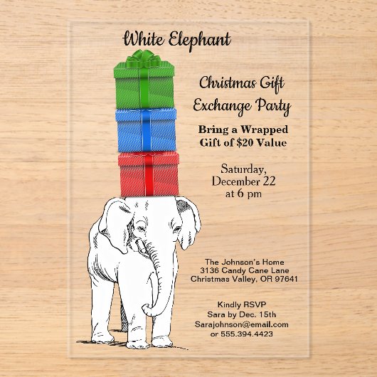 White Elephant Stacked Gift Exchange Party Acryl Uitnodigingen (Voorkant)