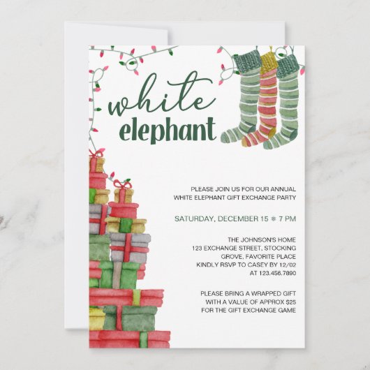 White Elephant Stockings and Cadeaus Holiday Kaart (Voorkant)