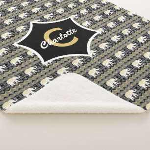 White Elephant Tribal Pattern Black Gold Monogram Sherpa Deken