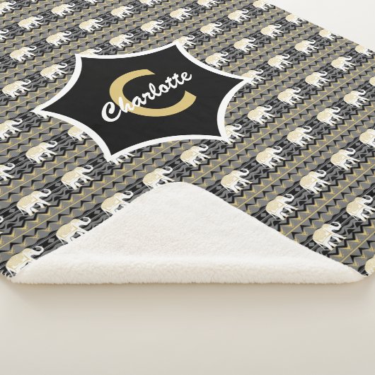 White Elephant Tribal Pattern Black Gold Monogram Sherpa Deken (3/4)
