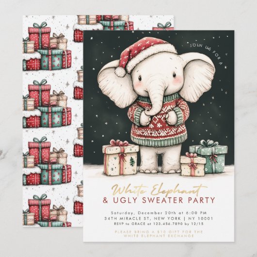 White Elephant Ugly Sweater Party Invitation Kaart (Voorkant / Achterkant)
