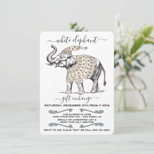 White Elephant Ugly Sweater Party Invitation Kaart (Staand voorkant)