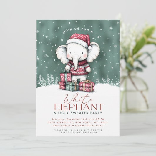 White Elephant Ugly Sweater Party Invitation Kaart (Staand voorkant)