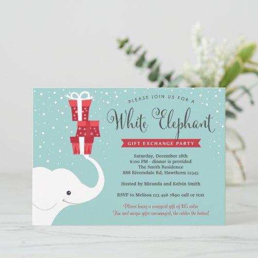 White Elephant Uitnodiging, Kerstfeest Uitnodiging (Staand voorkant)