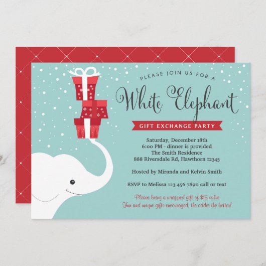 White Elephant Uitnodiging, Kerstfeest Uitnodiging (Voorkant / Achterkant)