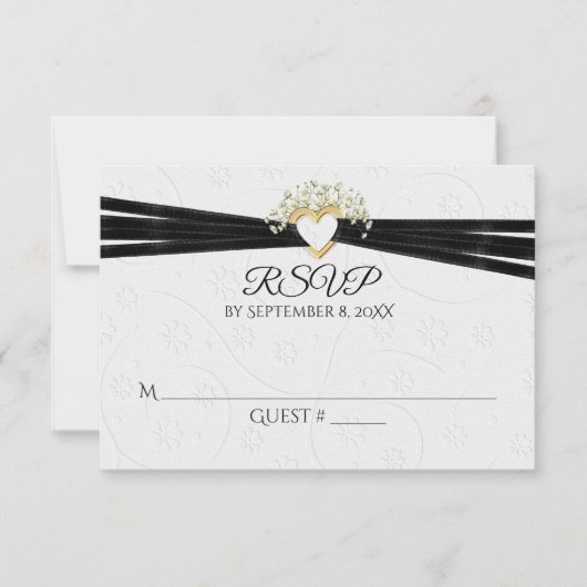 White Embossed Floral with Heart RSVP (Voorkant)