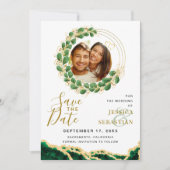 White Emerald Green & Gold Add QR Code Foto Save The Date (Voorkant)