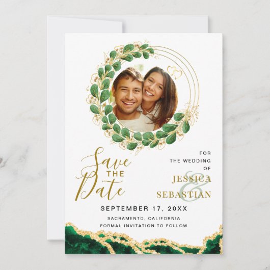 White Emerald Green & Gold Add QR Code Foto Save The Date (Voorkant)