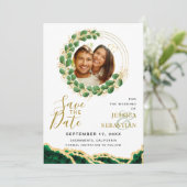 White Emerald Green & Gold Add QR Code Foto Save The Date (Staand voorkant)