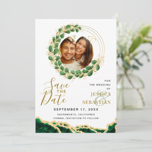 White Emerald Green & Gold Add QR Code Foto Save The Date (Staand voorkant)