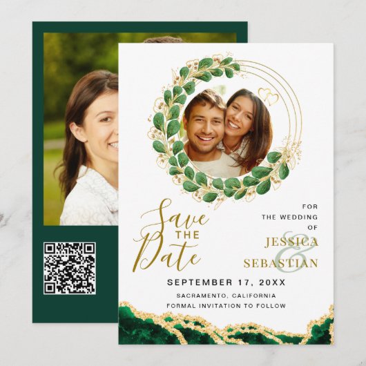 White Emerald Green & Gold Add QR Code Foto Save The Date (Voorkant / Achterkant)