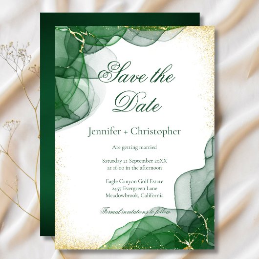 White Emerald Green Gold Marble Save The Date Card Kaart