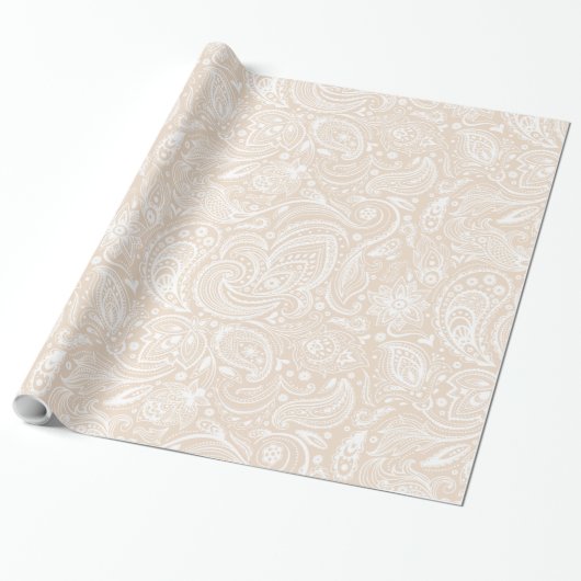 White en beige Floral Paisley Pattern Cadeaupapier (Uitgerold)