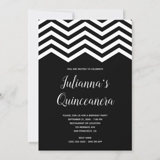 White en Black Chevron Trim Quinceañera Birthday Kaart (Voorkant)