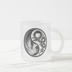 White en Black Dragon Phoenix Yin Yang Matglas Koffiemok