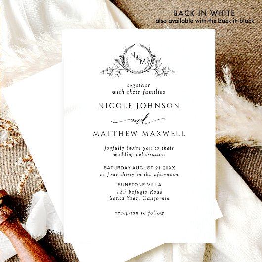 White en Black, Elegant Monogram Wedding Kaart