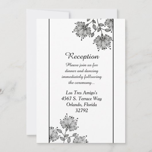 White en Black Floral 3.5x7 Reception Kaart (Voorkant)