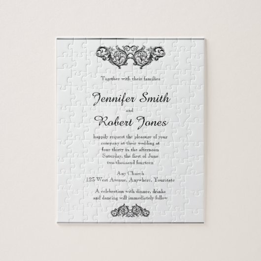 White en Black Floral Filigree Wedding Invitation Legpuzzel (Verticaal)