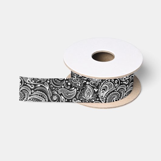 White en Black Floral Paisley Satijnen Lint (Spoel)