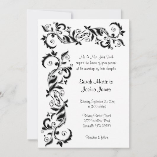 White en Black Floral Scroll Wedding Kaart (Voorkant)