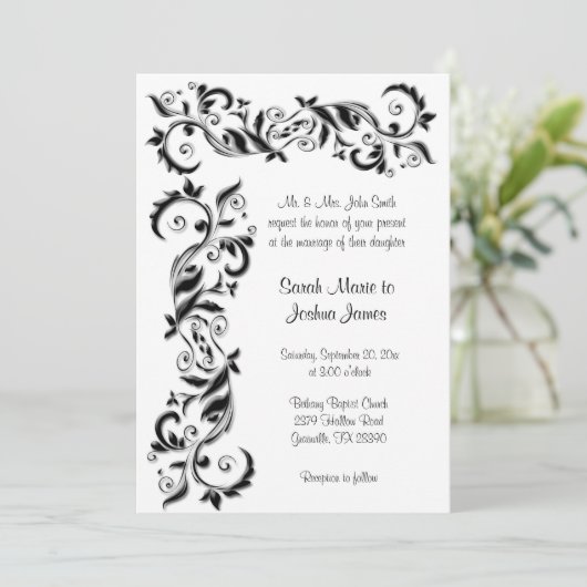 White en Black Floral Scroll Wedding Kaart (Staand voorkant)