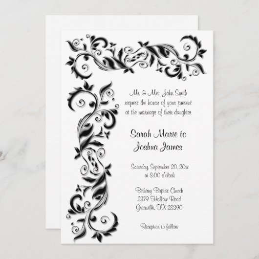White en Black Floral Scroll  Wedding Kaart (Voorkant / Achterkant)