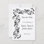 White en Black Floral Scroll  Wedding Save The Date (Voorkant)