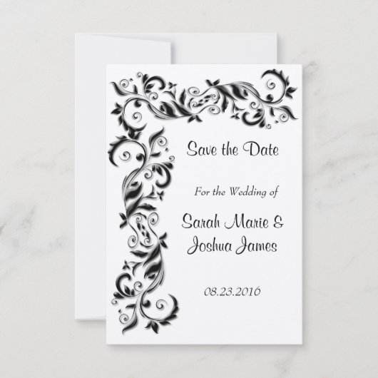 White en Black Floral Scroll  Wedding Save The Date (Voorkant)