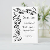 White en Black Floral Scroll  Wedding Save The Date (Staand voorkant)