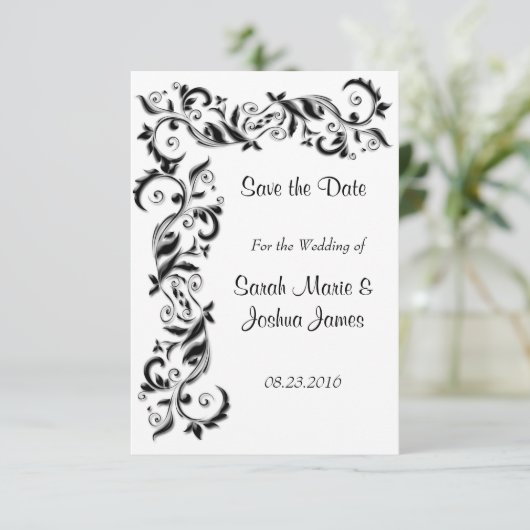 White en Black Floral Scroll  Wedding Save The Date (Staand voorkant)