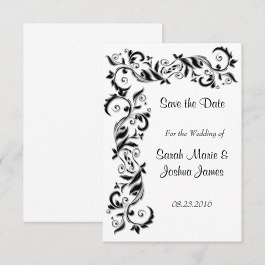 White en Black Floral Scroll Wedding Save The Date (Voorkant / Achterkant)