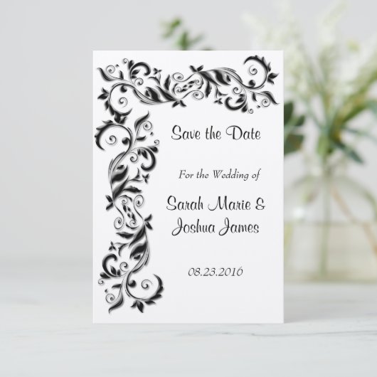 White en Black Floral Scroll  Wedding Save The Date (Staand voorkant)