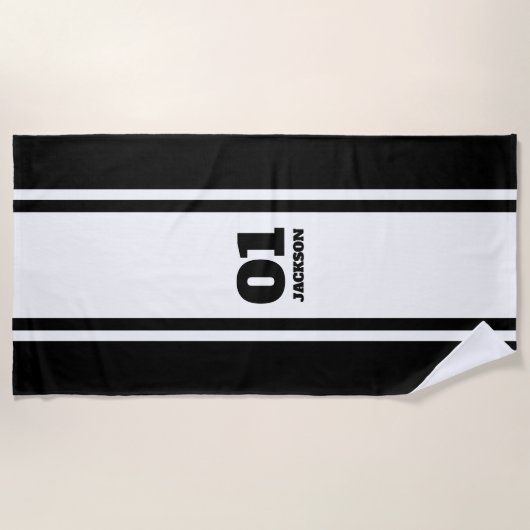 White en Black Sports Stripe Name & Number Strandlaken (Voorkant)