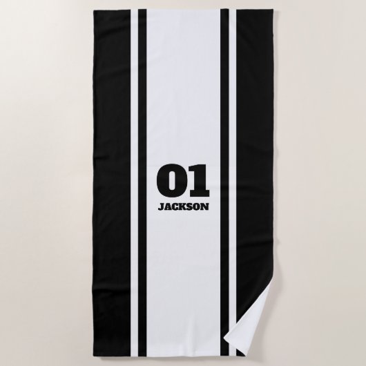 White en Black Sports Stripe Name & Number Strandlaken (Voorkant)