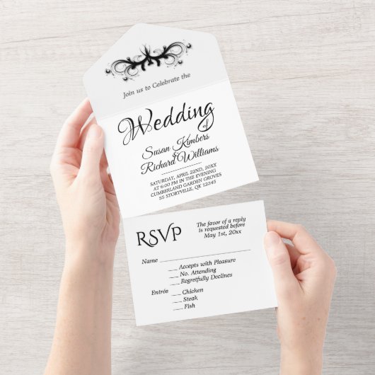 White en Black Tri Fold w Rsvp Wedding All In One Uitnodiging (Afscheurbaar)